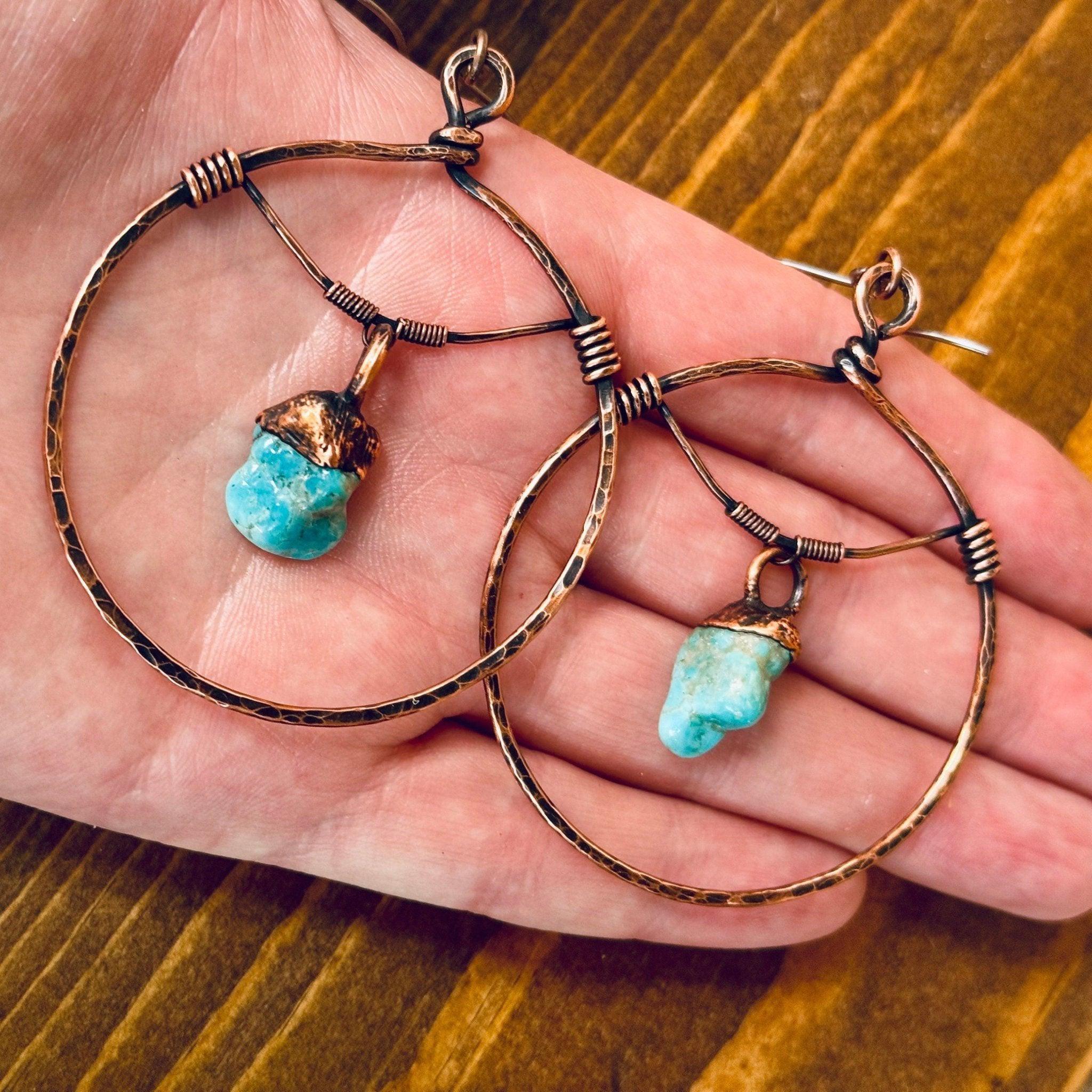 Raw Turquoise Copper Hoops - Statement | Handmade by Blackbird & Sage