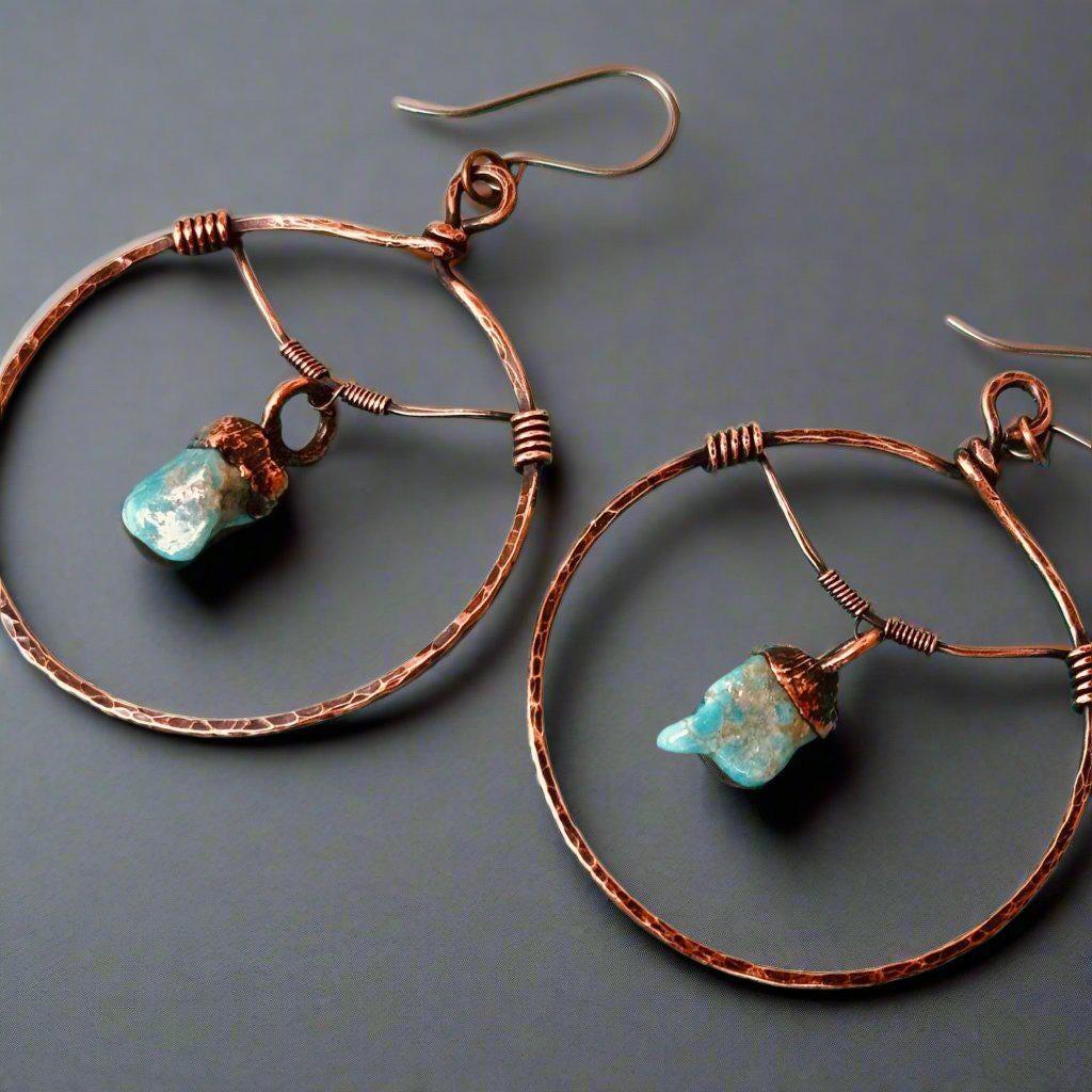 Raw Turquoise Copper Hoops - Statement | Handmade by Blackbird & Sage