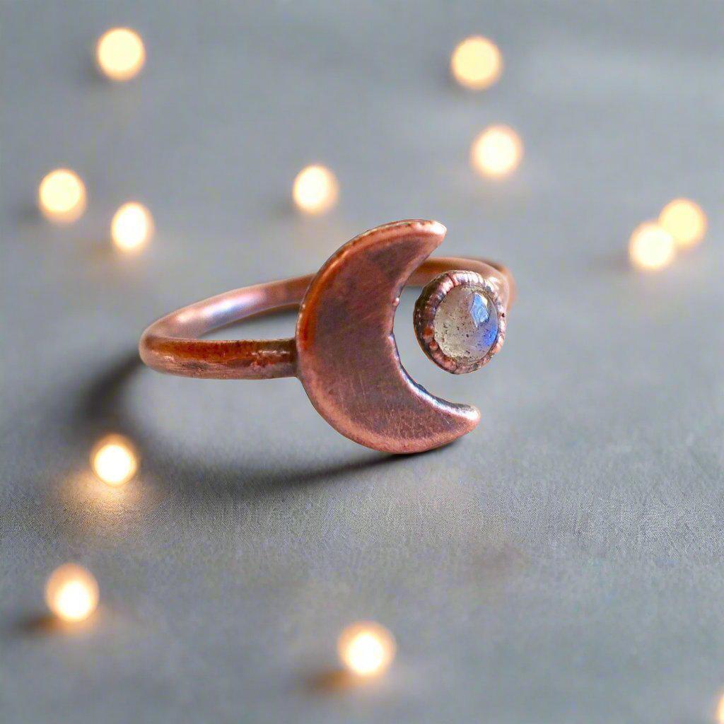 Labradorite & Crescent Moon Ring - Boho | Handmade by Blackbird & Sage