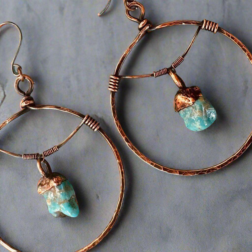 Raw Turquoise Copper Hoops - Statement | Handmade by Blackbird & Sage