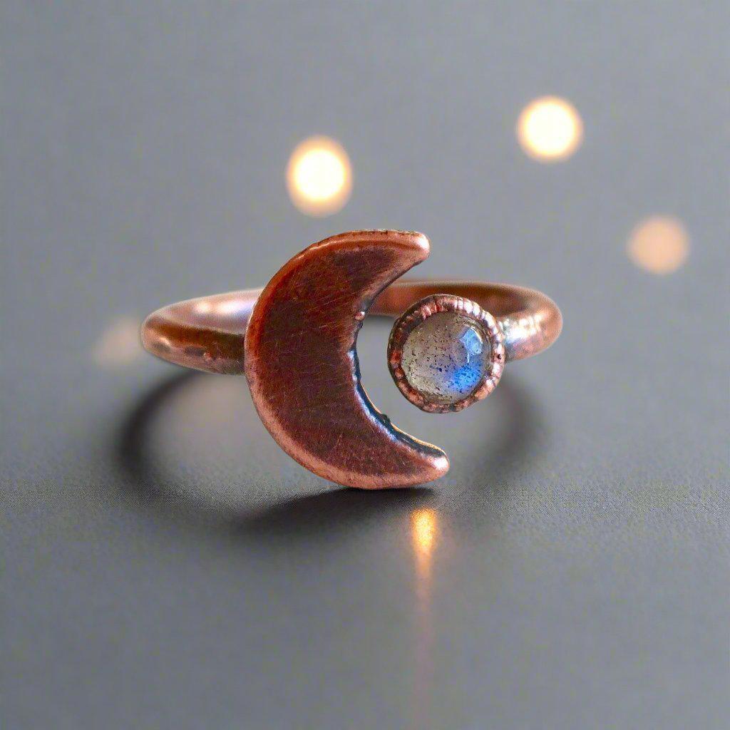 Labradorite & Crescent Moon Ring - Boho | Handmade by Blackbird & Sage