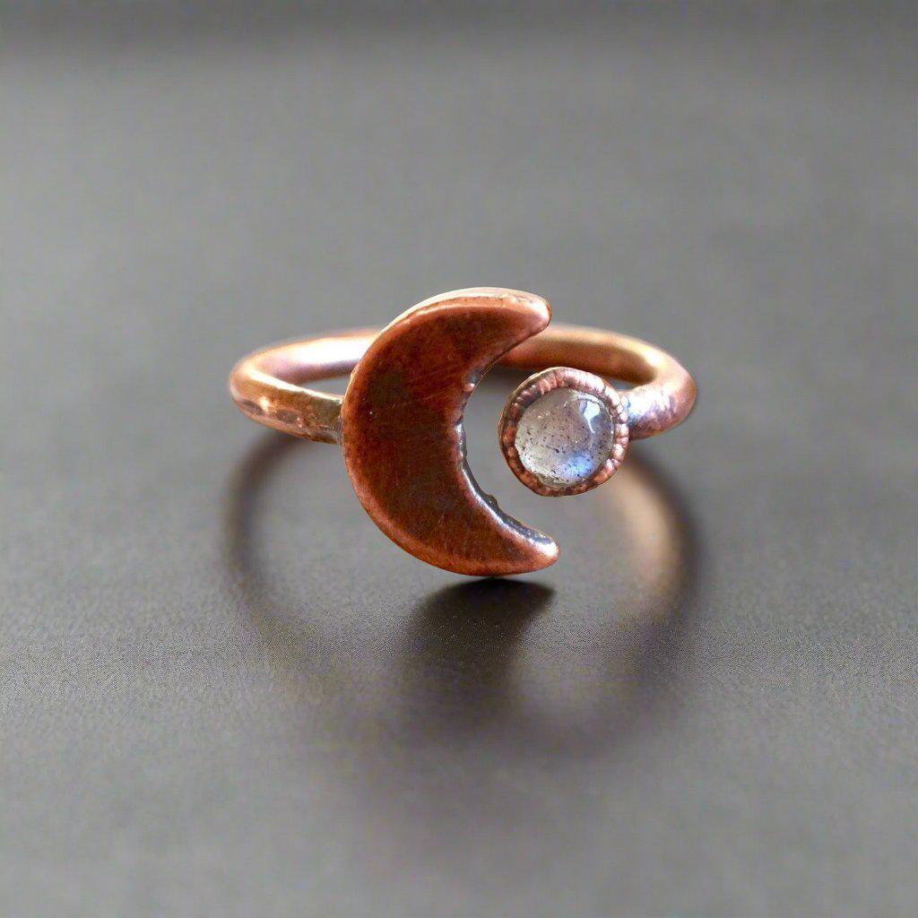 Labradorite & Crescent Moon Ring - Boho | Handmade by Blackbird & Sage