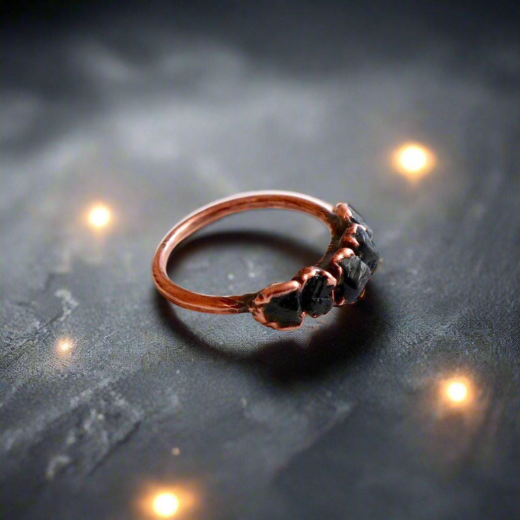 Black Tourmaline Ring – Boho | Handmade by Blackbird & Sage